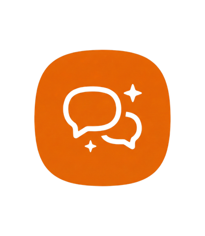 An orange square icon featuring two speech bubbles and a star, representing communication or conversation.